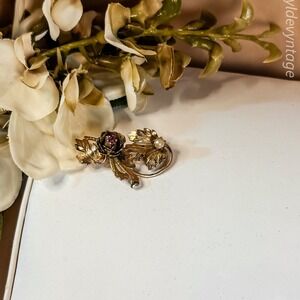 Gold Rose Brooch‎ with Faux Stones